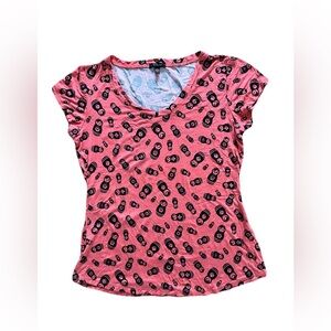 Cupio women’s large t-shirt, v-neck with nesting doll print - orange and black